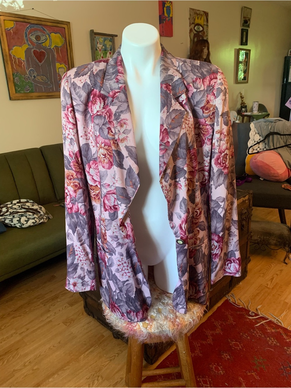 Floral Pink Blazer with 'Leave Me Alone' Opossum Patch - Picture 7 of 10